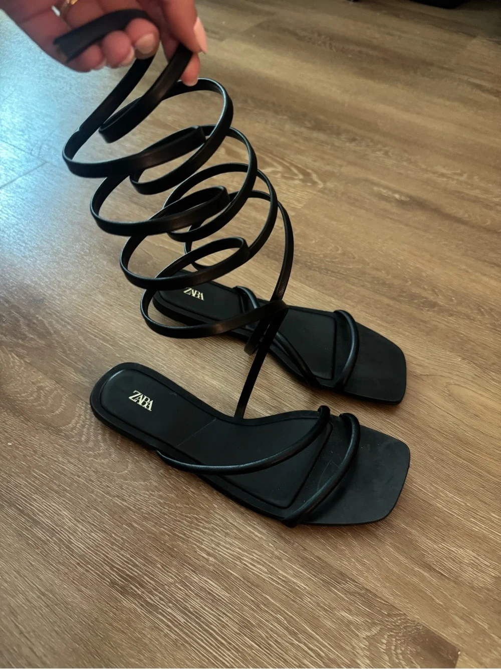 Zara Black Spiral Lace-Up Square-Toe Flat Sandals